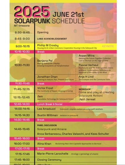 Man sieht das Programm der "2025 Solarpunk-Conferenz", einem eintägigen Online-Event