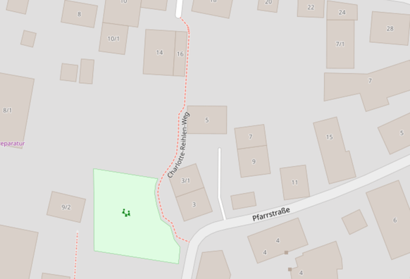 Karten-Ausschnitt mit Pfarrstraße und Charlotte-Reihlen-Weg