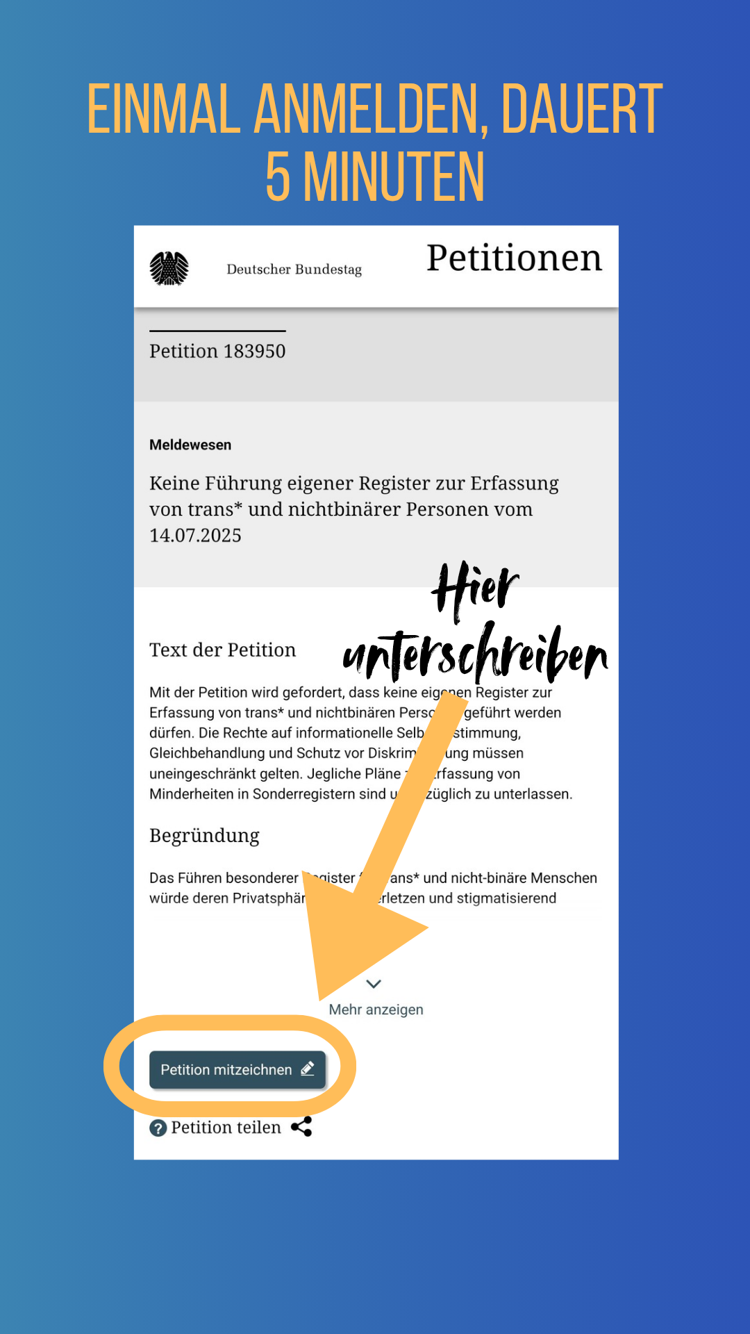 Vorschlag Share Pic
Gelb auf blauen Hintergrund
Einmal anmelden, dauert 5 Minuten
Screenshot der Petition
Pfeil mit den Worten hier unterschreiben.
Petition mitzeichnen ist in Gelb umrandet
