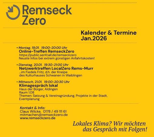 man sieht ein Kalnender- Einladungsblart: Mo, 19.01. online treffen, di. 20.01. Netzwerktreffen in Waiblingen, mi 21.01. Vor-Ort-Treffen im Haus der Bürger, Remseck