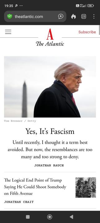 man sieht einen Screenshot, des Magazins The Atlantik. abgebildet ist Trump und darüber steht : "Yes, It's Fascism"