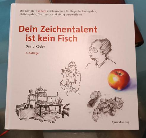 man sieht das Cover des Vorgestellten Buches mit vier schwarz-weißen Zeichnungen und einer farbigen Skizze eines Apfels .