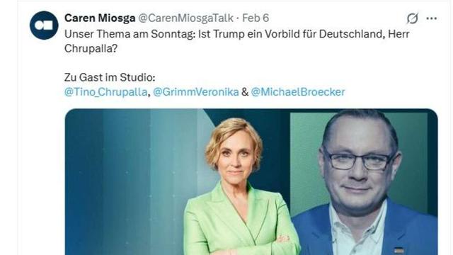 Screenshot der Sendung "Caren Miosga Talk" mit Faschist Chrupalla am 6. Februar 2026