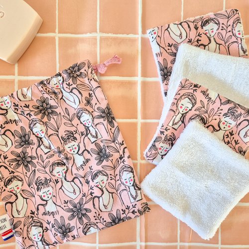 Pochon et ses 4 lingettes lavables ,éponge bambou