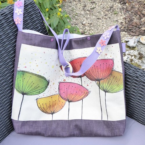 Sac de plage xl en toile, motifs fleurs