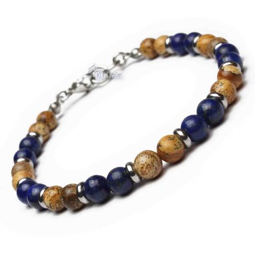 Magnifique Bracelet Homme Femme Perles Pierre Naturelle Jasper Picasso 6mm Lapis Lazuli Anneaux Fermoir Mousqueton Metal Un Grand Marche