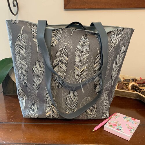 Sac cabas cuir végan gris - coton jacquard plumes
