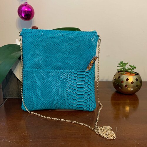 Petit sac bandoulière simili cuir serpent bleu turquoise