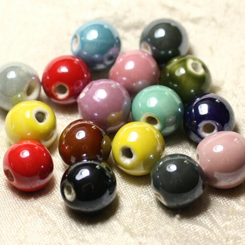 10pc - lot mélange multicolore perles céramique porcelaine boules 12mm