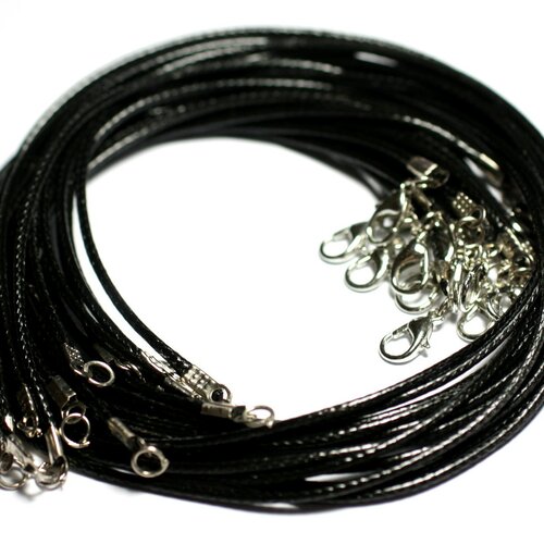 10pc - colliers tours de cou 45cm fil corde cordon coton ciré 1.5mm noir et métal argenté