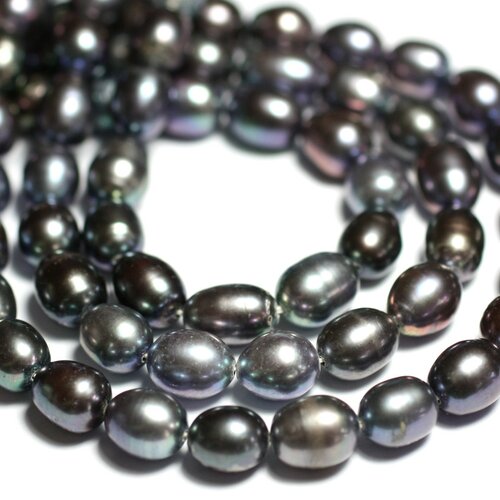 Fil 36cm 40pc environ - perles naturelles culture eau douce riz olives ovales 7-9mm gris violet bleu vert irisé