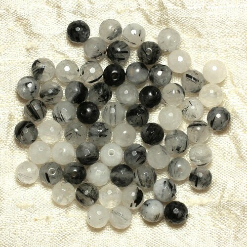 Fil 39cm 60pc environ - perles pierre - cristal de roche quartz tourmaline boules facettées 6mm blanc gris noir