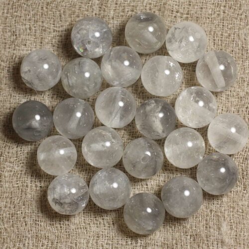 Fil 39cm 37pc environ - perles pierre - cristal de roche quartz blanc gris boules 10mm