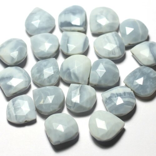 Fil 20cm 35pc env - perles pierre - opale bleue briolettes gouttes plates facettées 14mm bleu clair pastel blanc