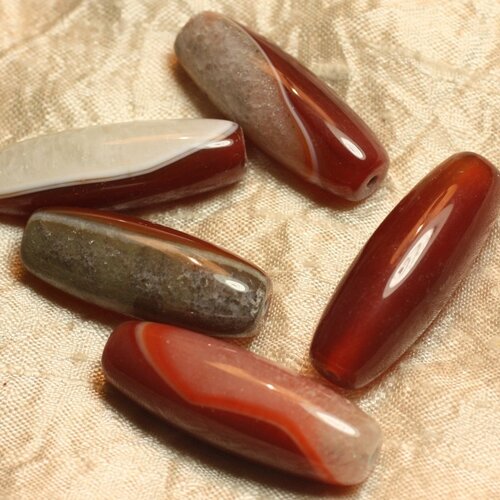 Fil 39cm 9pc env - perles pierre - agate et quartz olive riz fuseau 35-40mm rouge orange blanc