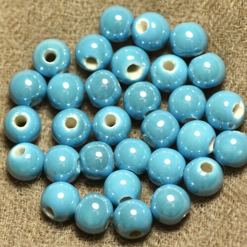 100pc - perles ceramique porcelaine boules 6mm bleu ciel azur turquoise irisé
