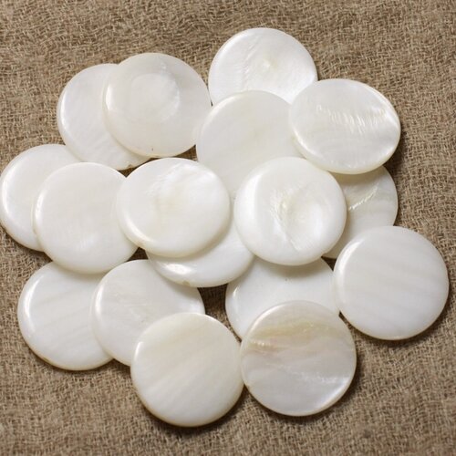 4pc - perles nacre naturelle ronds plats palets 25mm blanc irisé