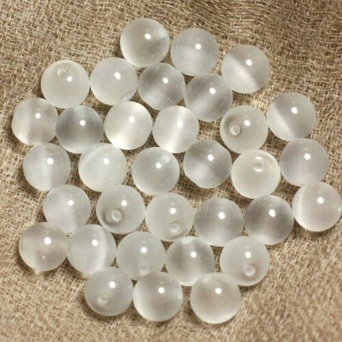7pc - perles verre oeil de chat boules 12mm blanc reflets irisés