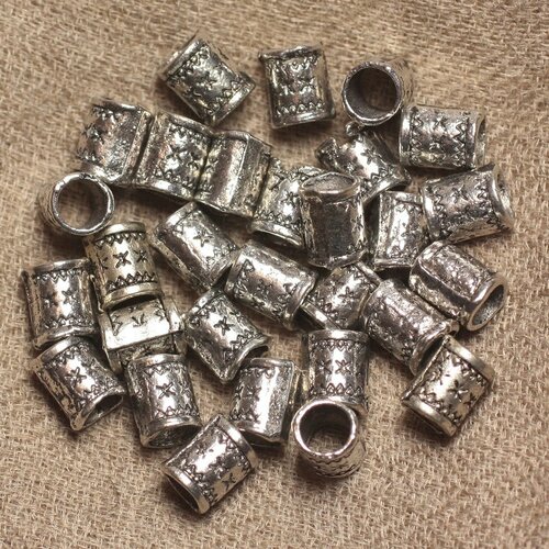 10pc - perles metal argenté tubes cylindres motifs etoiles triangles ethnique 8mm gros trou 5mm