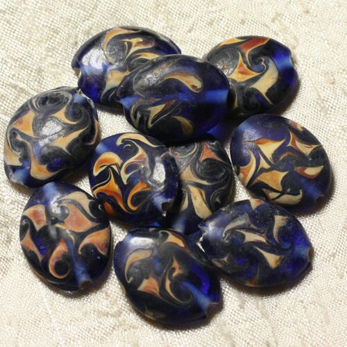 4pc - perles en verre ovales 25x20mm bleu nuit jaune orange