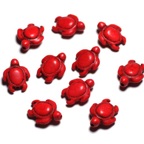 Fil 39cm 22pc env - perles de pierre turquoise synthèse - tortues 19x15mm rouge