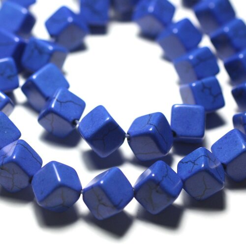 Fil 39cm 34pc env - perles turquoise synthèse cubes 8x8mm bleu nuit