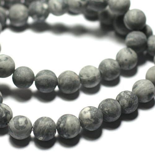 10pc - perles de pierre - jaspe paysage gris noir mat sablé givré boules 8mm