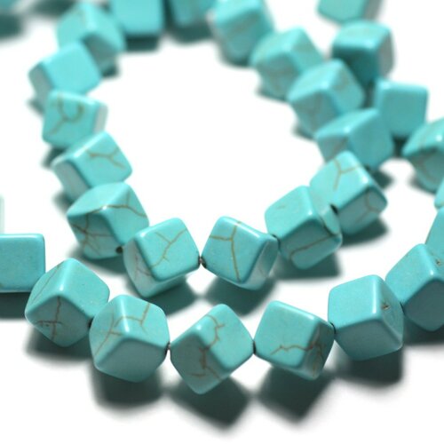 Fil 39cm 34pc env - perles turquoise synthèse cubes pointes 8x8mm bleu turquoise