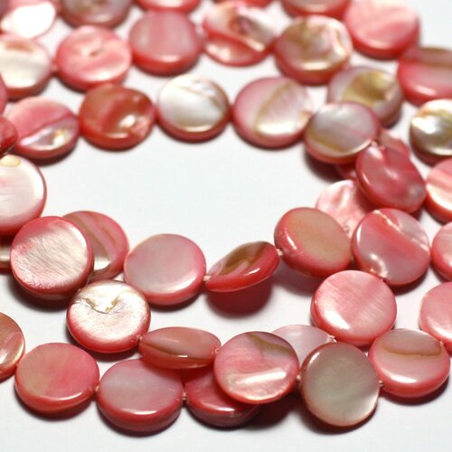 Fil 39cm 39pc env - perles nacre naturelle palets 10mm rose clair corail pastel irisé