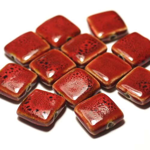 5pc - perles céramique porcelaine carrés 16-18mm rouge tacheté