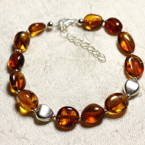 Bracelet argent 925 coeur et pierre ambre naturelle baltique orange cognac olives ovales