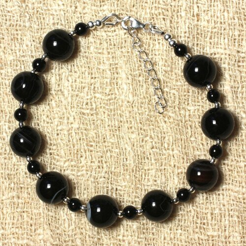 Bracelet en agate noire 10 mm onyx noir 4 mm et perles d'argent 925