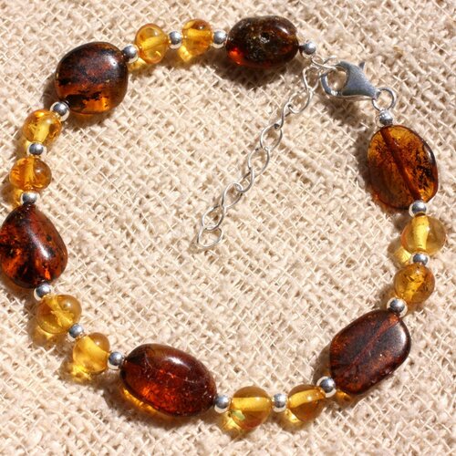 Bracelet argent 925 et ambre baltique - miel et cognac 4-14mm
