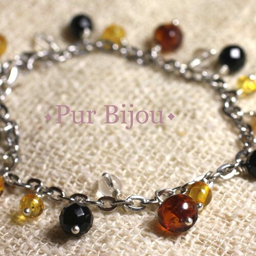 Bracelet ambre et pierres - onyx - cristal - argent et acier
