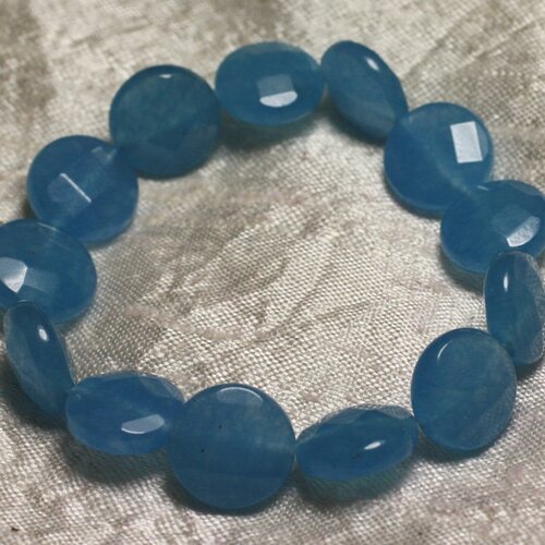 Bracelet pierre semi précieuse - jade bleue palets facettés 14mm