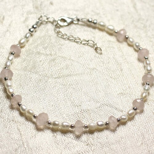 Bracelet argent 925 pierre quartz rose et perles de culture blanches 3-5mm