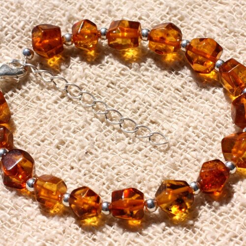 Bracelet argent 925 et ambre baltique - cognac cubes facettés 7-8mm