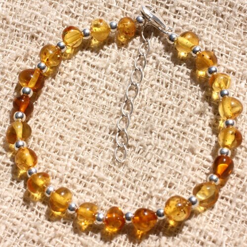 Bracelet argent 925 et pierre ambre naturelle baltique miel jaune orange rondelles