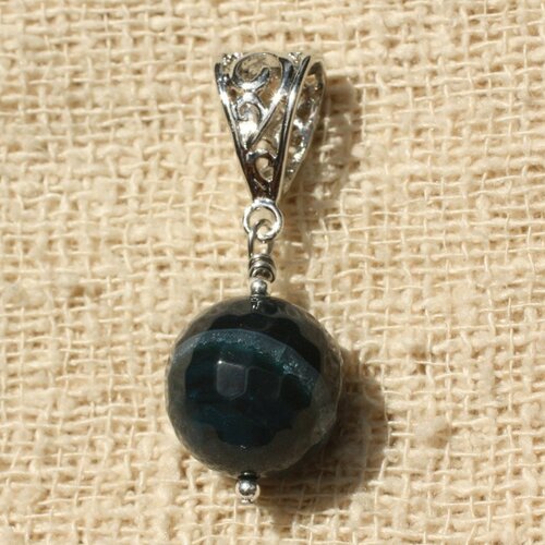 Pendentif pierre - agate bleue et quartz facettée 14mm