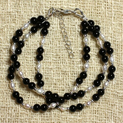 Bracelet argent 925 - onyx noir et perles de culture