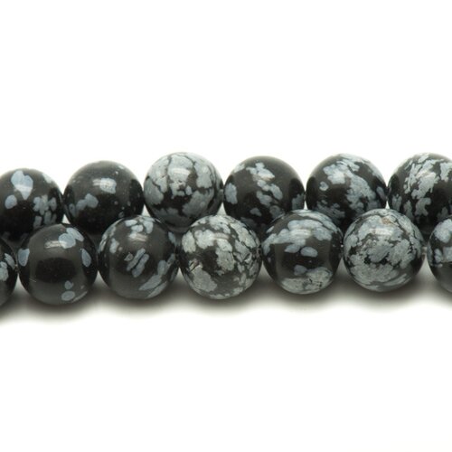 Fil 39cm 45pc env - perles pierre - obsidienne flocon de neige mouchetée boules 8mm noir gris