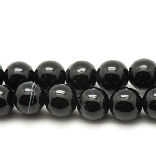 Fil 39cm 46pc env - perles de pierre - agate boules 8mm noir blanc