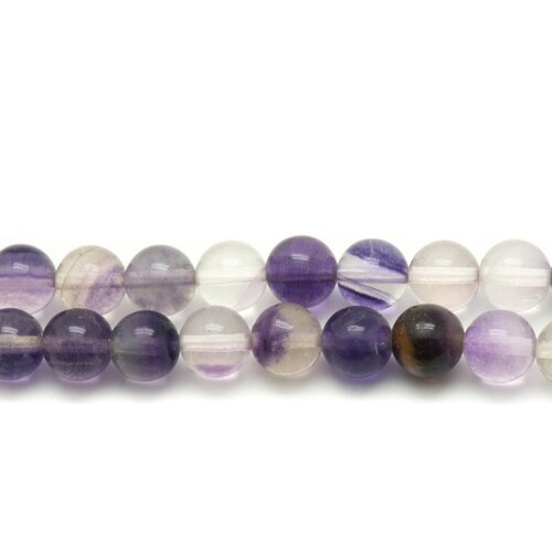 Fil 39cm 36pc environ - perles pierre fluorite boules 10mm violet mauve rose blanc transparent