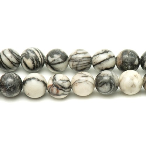 Fil 39cm 44pc environ - perles pierre jaspe zebre boules 8mm blanc gris noir rayures lignes