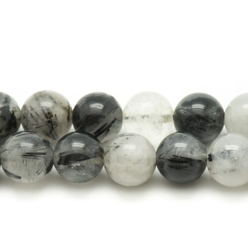 Fil 39cm 65pc env - perles pierre - cristal quartz et tourmaline boules 5-6mm blanc transparent noir