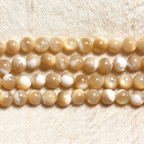 Fil 39cm 70pc env - perles de nacre naturelle beige irisée boules 6mm