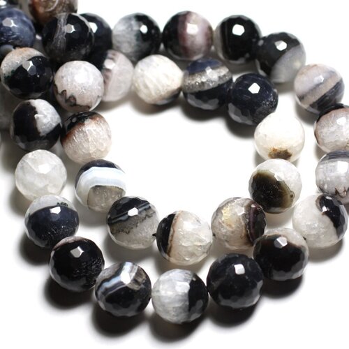 Fil 39cm 26pc env - perles pierre - agate quartz boules facettées 14mm blanc noir
