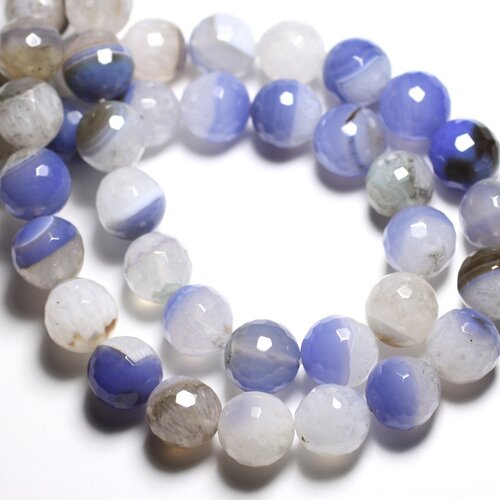 Fil 39cm 26pc env - perles pierre - agate quartz boules facettées 14mm blanc bleu ciel lavande