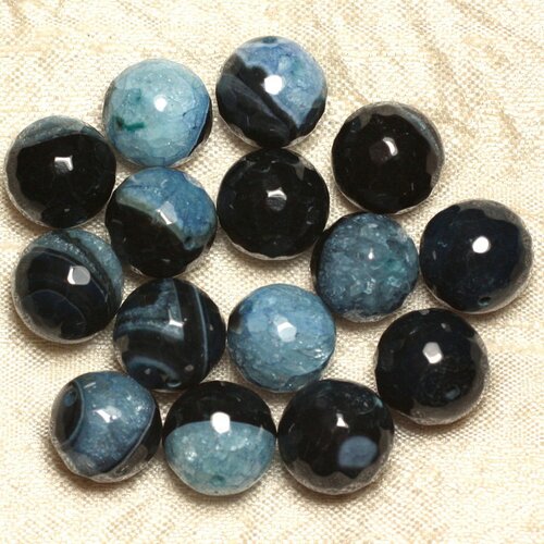 Fil 39cm 26pc env - perles pierre - agate quartz boules facettées 14mm noir bleu turquoise
