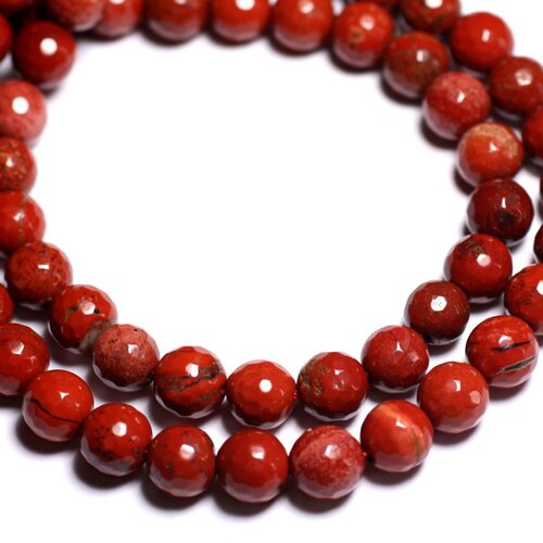 Fil 39cm 63pc environ - perles pierre jaspe rouge boules facettées 6mm rouge marron brique